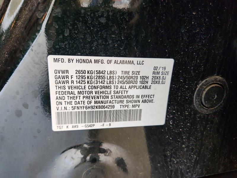 2019 Honda Pilot მანქანა იყიდება აუქციონზე, vin: 5FNYF6H92KB064259, აუქციონის ნომერი: 65882666