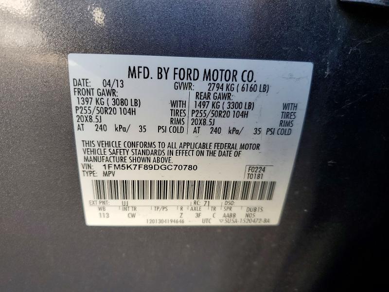 Aukcja sprzedaży 2013 Ford Explorer, vin: 1FM5K7F89DGC70780, numer aukcji: 63609706
