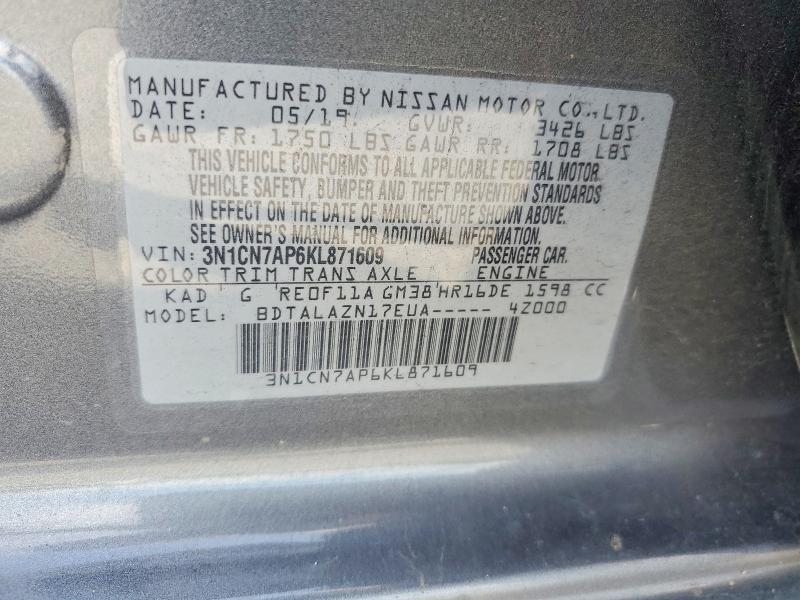 Auction sale of the 2019 Nissan Versa, vin: 3N1CN7AP6KL871609, lot number: 65818396