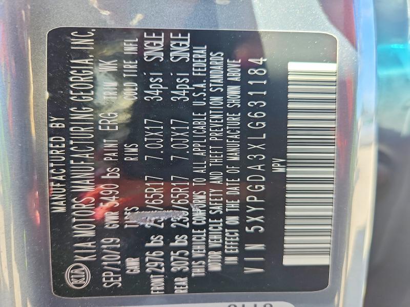67189946 :رقم المزاد ، 5XYPGDA3XLG631184 vin ، 2020 Kia Sorento مزاد بيع