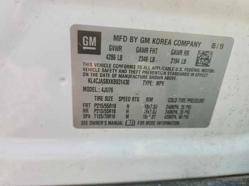 2019 Buick Encore მანქანა იყიდება აუქციონზე, vin: KL4CJASBXKB931430, აუქციონის ნომერი: 63757356