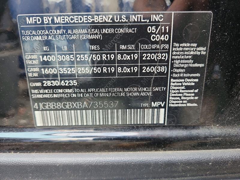 Продажа на аукционе авто 2011 Mercedes-benz Ml, vin: 4JGBB8GBXBA735537, номер лота: 64443586