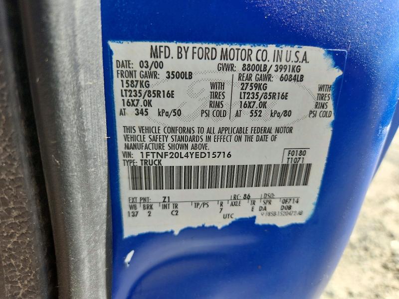 2000 Ford F250 მანქანა იყიდება აუქციონზე, vin: 1FTNF20L4YED15716, აუქციონის ნომერი: 64259016