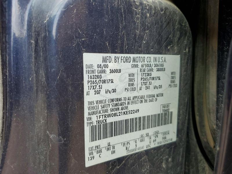 2001 Ford F150 მანქანა იყიდება აუქციონზე, vin: 1FTRW08L21KE52249, აუქციონის ნომერი: 63360036