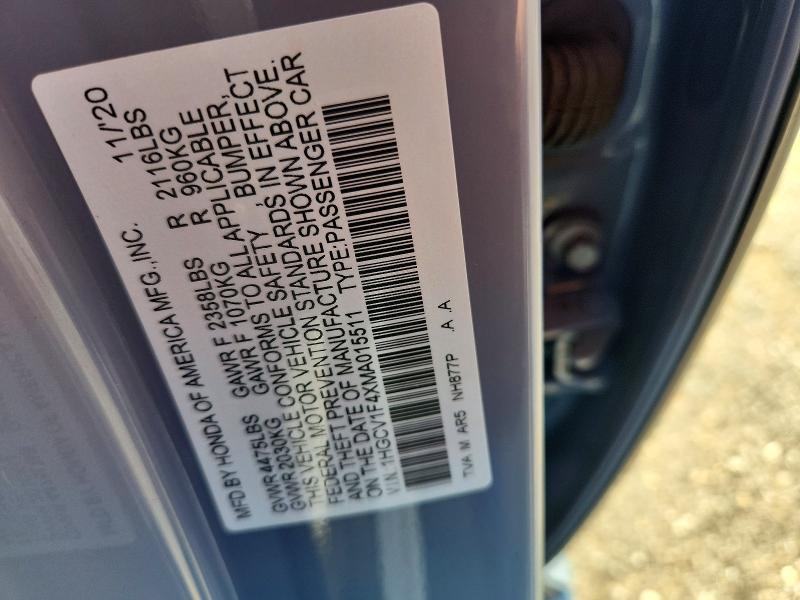 65000166 :رقم المزاد ، 1HGCV1F4XMA015511 vin ، 2021 Honda Accord مزاد بيع