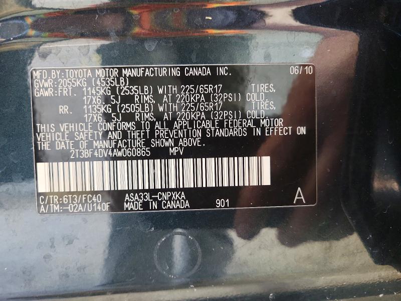 Продаж на аукціоні авто 2010 Toyota Rav4, vin: 2T3BF4DV4AW060865, номер лоту: 63690306