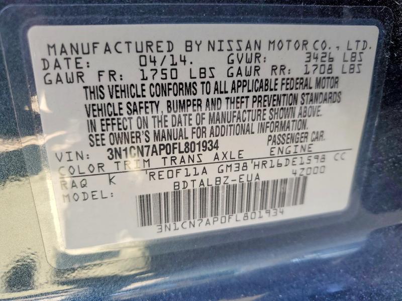 64448776 :رقم المزاد ، 3N1CN7AP0FL801934 vin ، 2015 Nissan Versa مزاد بيع