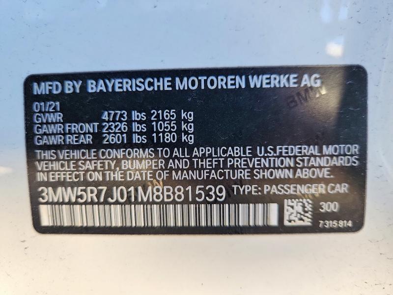 2021 Bmw 330xi მანქანა იყიდება აუქციონზე, vin: 3MW5R7J01M8B81539, აუქციონის ნომერი: 65886156