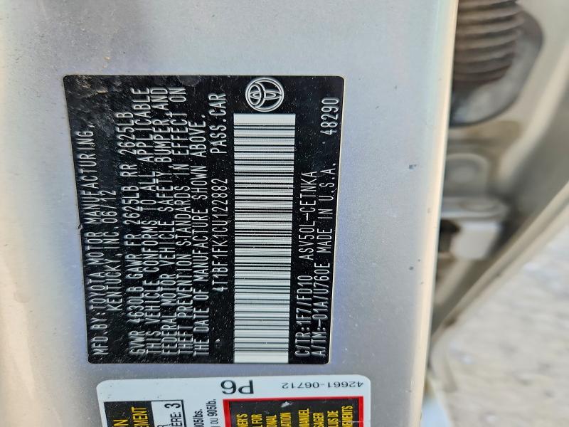2012 Toyota Camry მანქანა იყიდება აუქციონზე, vin: 4T1BF1FK1CU122882, აუქციონის ნომერი: 63888496