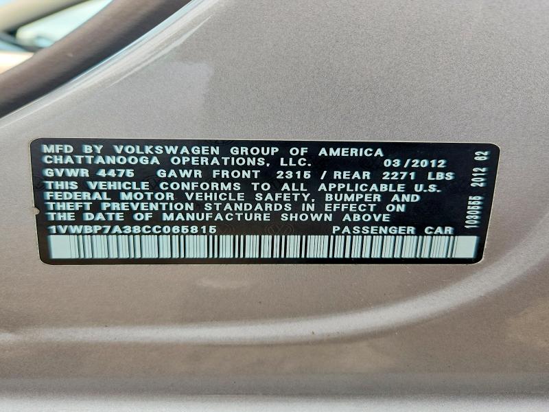 Продаж на аукціоні авто 2012 Volkswagen Passat, vin: 1VWBP7A38CC065815, номер лоту: 64068116