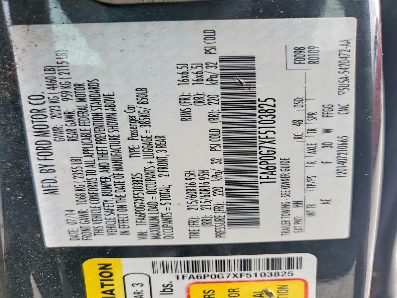 64013376 :رقم المزاد ، 1FA6P0G7XF5103825 vin ، 2015 Ford Fusion مزاد بيع