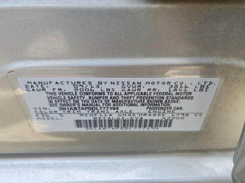 2013 Nissan Sentra მანქანა იყიდება აუქციონზე, vin: 3N1AB7AP0DL777194, აუქციონის ნომერი: 65128586