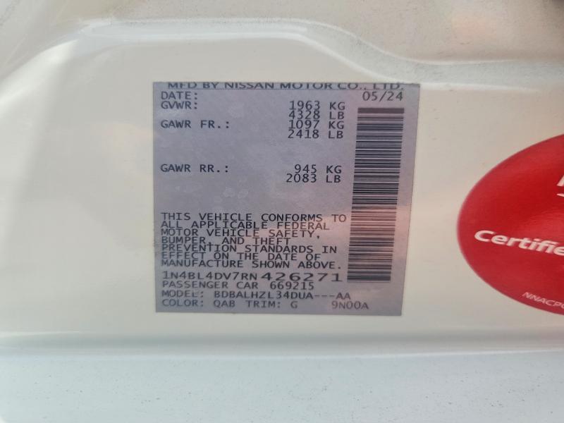 2024 Nissan Altima მანქანა იყიდება აუქციონზე, vin: 1N4BL4DV7RN426271, აუქციონის ნომერი: 66110416