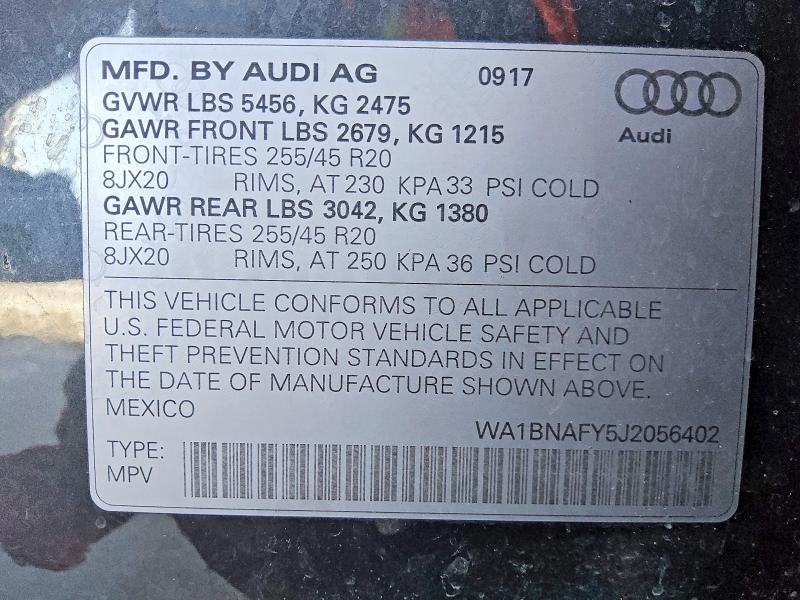 2018 Audi Q5 მანქანა იყიდება აუქციონზე, vin: WA1BNAFY5J2056402, აუქციონის ნომერი: 65042356