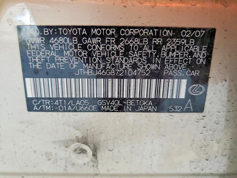 Aukcja sprzedaży 2007 Lexus Es, vin: JTHBJ46G872104752, numer aukcji: 63512316