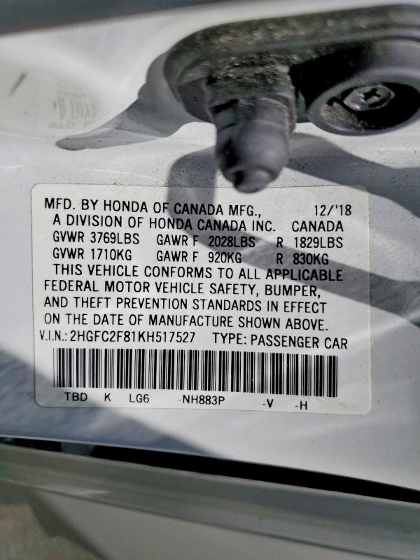 2019 Honda Civic მანქანა იყიდება აუქციონზე, vin: 2HGFC2F81KH517527, აუქციონის ნომერი: 64395096