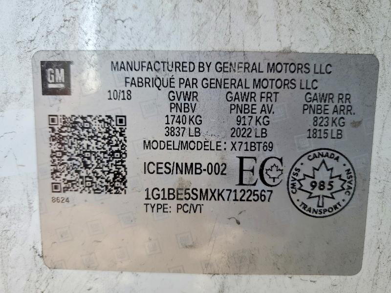 60755076 :رقم المزاد ، 1G1BE5SMXK7122567 vin ، 2019 Chevrolet Cruze مزاد بيع