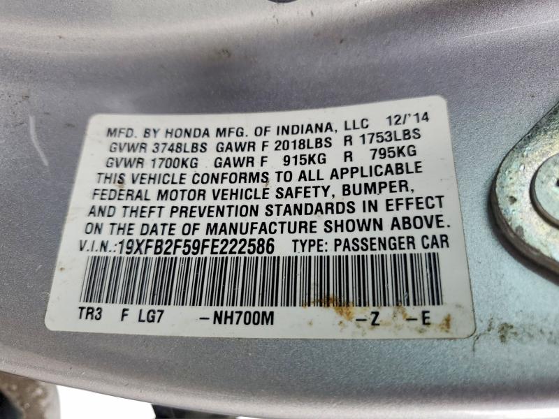 Auction sale of the 2015 Honda Civic, vin: 19XFB2F59FE222586, lot number: 66064386