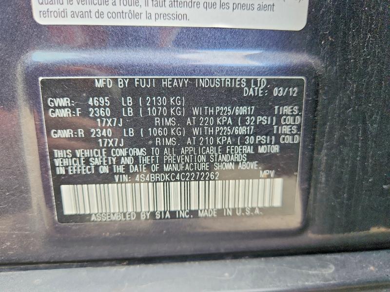 65473446 :رقم المزاد ، 4S4BRDKC4C2272262 vin ، 2012 Subaru Outback مزاد بيع
