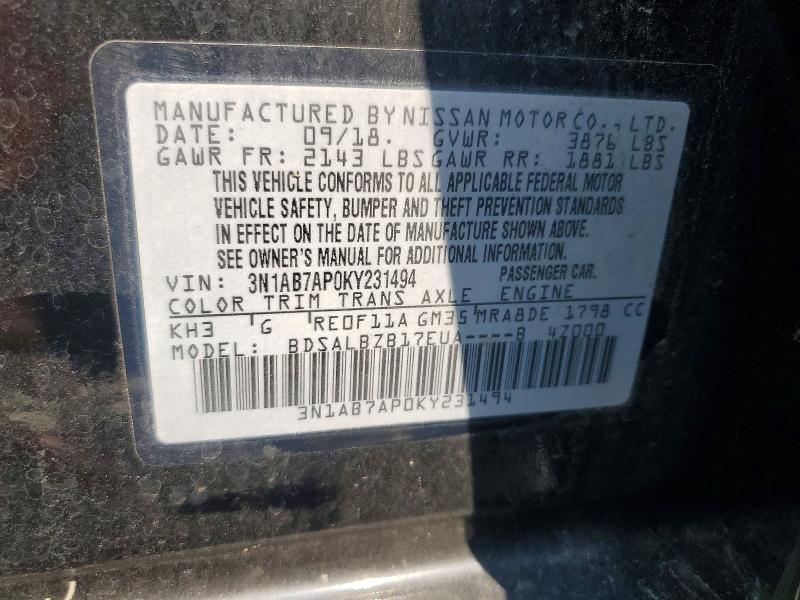 64811266 :رقم المزاد ، 3N1AB7AP0KY231494 vin ، 2019 Nissan Sentra مزاد بيع