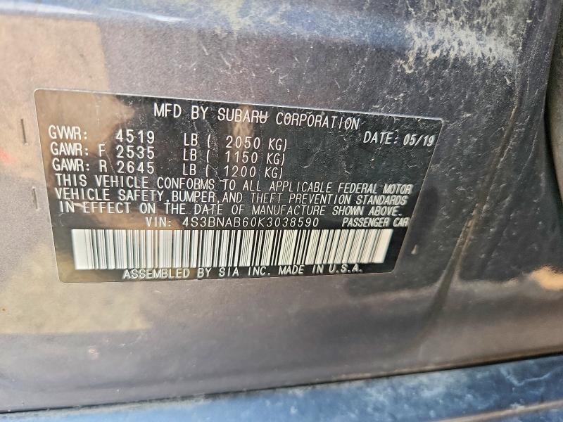 65542966 :رقم المزاد ، 4S3BNAB60K3038590 vin ، 2019 Subaru Legacy مزاد بيع