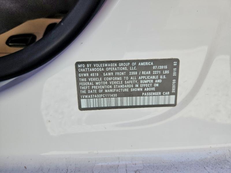 66448566 :رقم المزاد ، 1VWAS7A32FC111430 vin ، 2015 Volkswagen Passat مزاد بيع