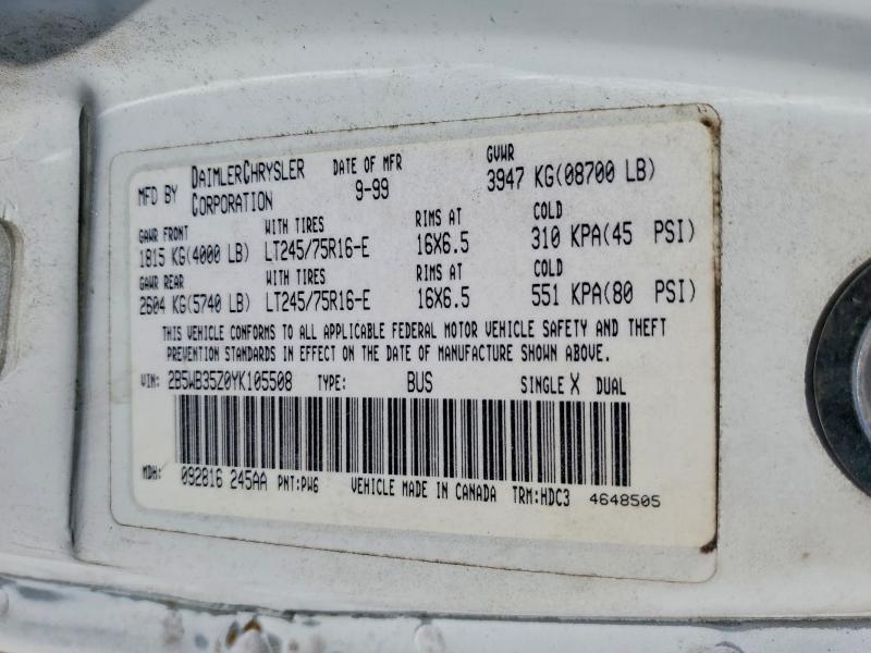 Aukcja sprzedaży 2000 Dodge Ram Wagon, vin: 2B5WB35Z0YK105508, numer aukcji: 62578656