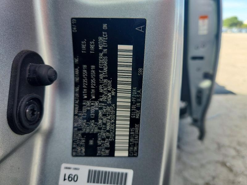 66655466 :رقم المزاد ، 5TDYZ3DC1KS019154 vin ، 2019 Toyota Sienna مزاد بيع