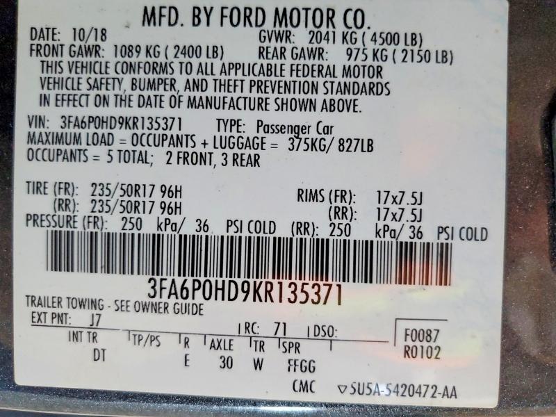 Продаж на аукціоні авто 2019 Ford Fusion, vin: 3FA6P0HD9KR135371, номер лоту: 65045016