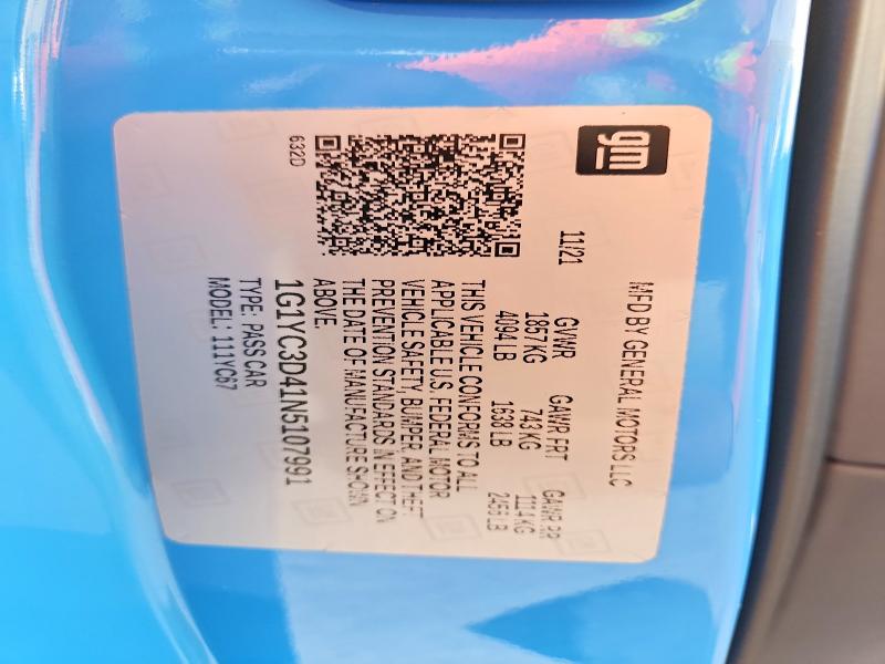 2022 Chevrolet Corvette მანქანა იყიდება აუქციონზე, vin: 1G1YC3D41N5107991, აუქციონის ნომერი: 64891496