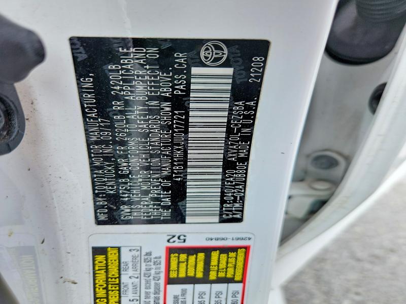 Aukcja sprzedaży 2018 Toyota Camry, vin: 4T1B11HKXJU017721, numer aukcji: 62231356