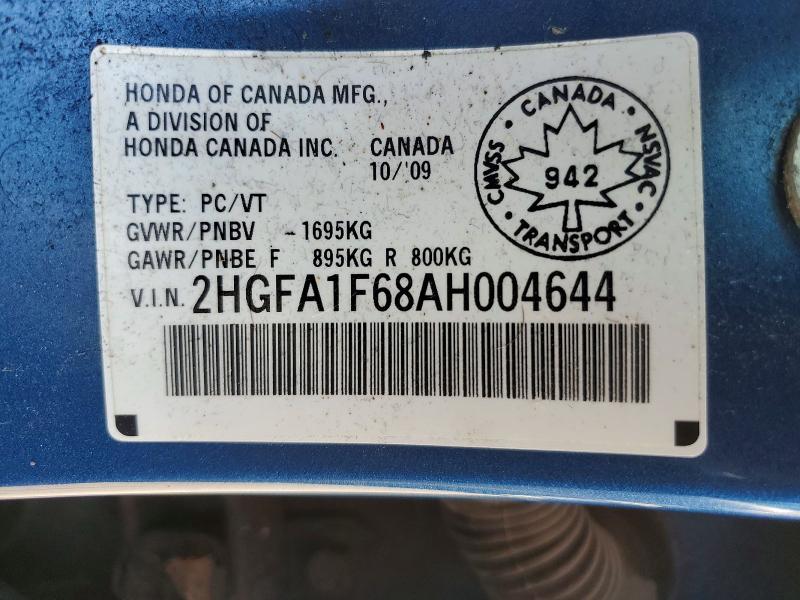 2010 Honda Civic მანქანა იყიდება აუქციონზე, vin: 2HGFA1F68AH004644, აუქციონის ნომერი: 61944786