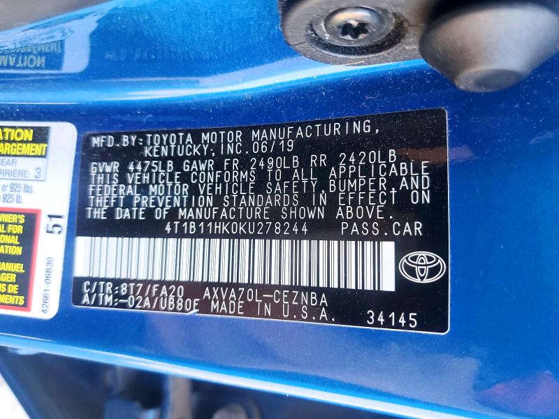 Продажа на аукционе авто 2019 Toyota Camry, vin: 4T1B11HK0KU278244, номер лота: 64786316