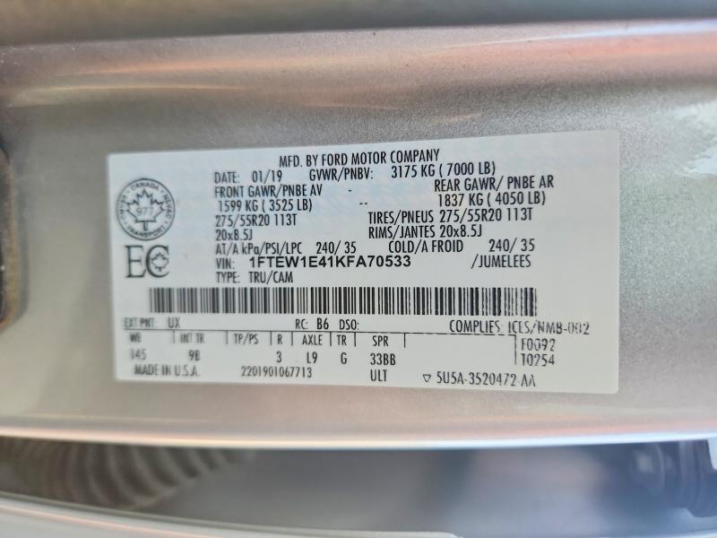 Продаж на аукціоні авто 2019 Ford F150, vin: 1FTEW1E41KFA70533, номер лоту: 65545586