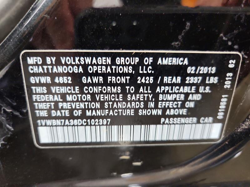 2013 Volkswagen Passat მანქანა იყიდება აუქციონზე, vin: 1VWBN7A36DC102397, აუქციონის ნომერი: 65636666