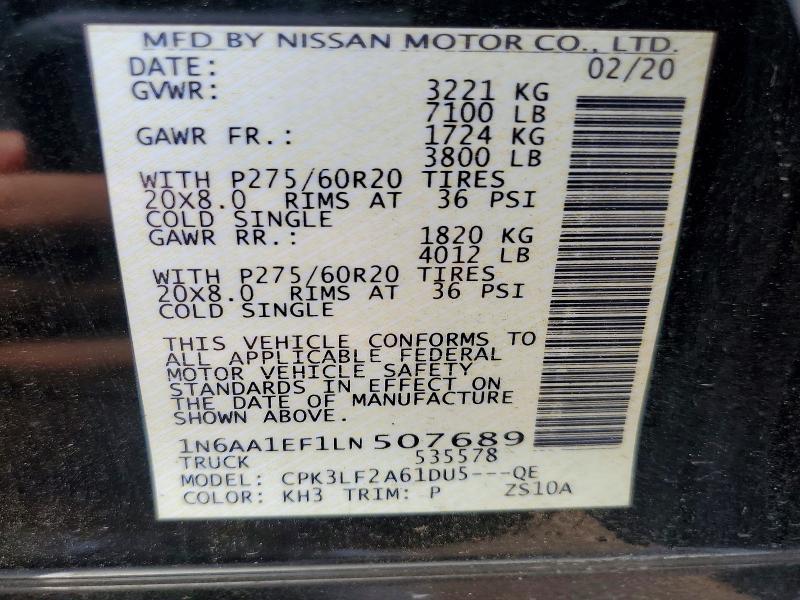 2020 Nissan Titan მანქანა იყიდება აუქციონზე, vin: 1N6AA1EF1LN507689, აუქციონის ნომერი: 62502106