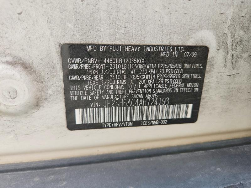2010 Subaru Forester მანქანა იყიდება აუქციონზე, vin: JF2SH6AC4AH724193, აუქციონის ნომერი: 65567826