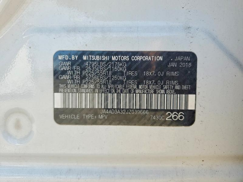 2018 Mitsubishi Outlander მანქანა იყიდება აუქციონზე, vin: JA4AD3A32JZ039666, აუქციონის ნომერი: 66105256
