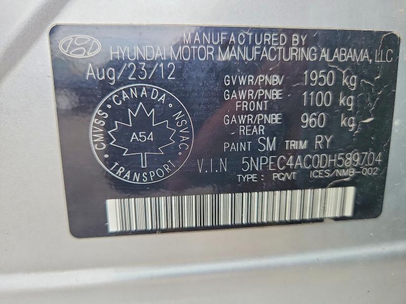 2013 Hyundai Sonata მანქანა იყიდება აუქციონზე, vin: 5NPEC4AC0DH589704, აუქციონის ნომერი: 65521616