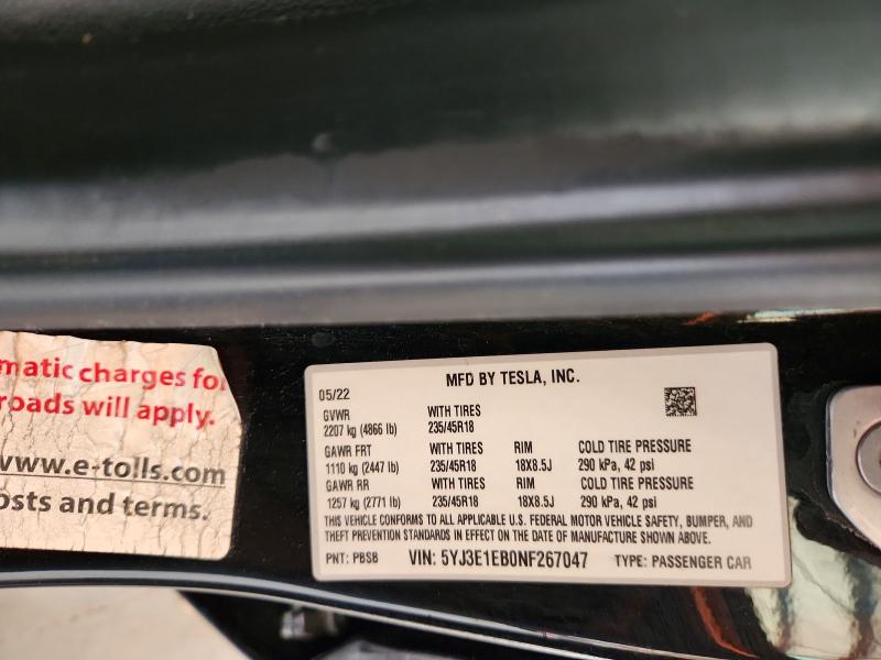 Aukcja sprzedaży 2022 Tesla Model 3, vin: 5YJ3E1EB0NF267047, numer aukcji: 64726846