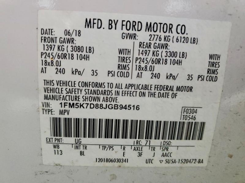 62989226 :رقم المزاد ، 1FM5K7D88JGB94516 vin ، 2018 Ford Explorer مزاد بيع