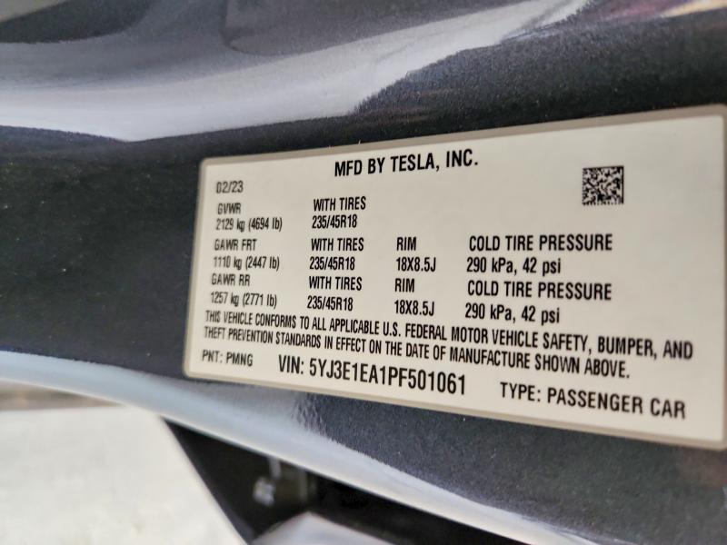 2023 Tesla Model 3 მანქანა იყიდება აუქციონზე, vin: 5YJ3E1EA1PF501061, აუქციონის ნომერი: 63258986