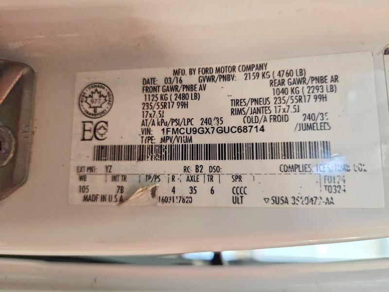 63941126 :رقم المزاد ، 1FMCU9GX7GUC68714 vin ، 2016 Ford Escape مزاد بيع