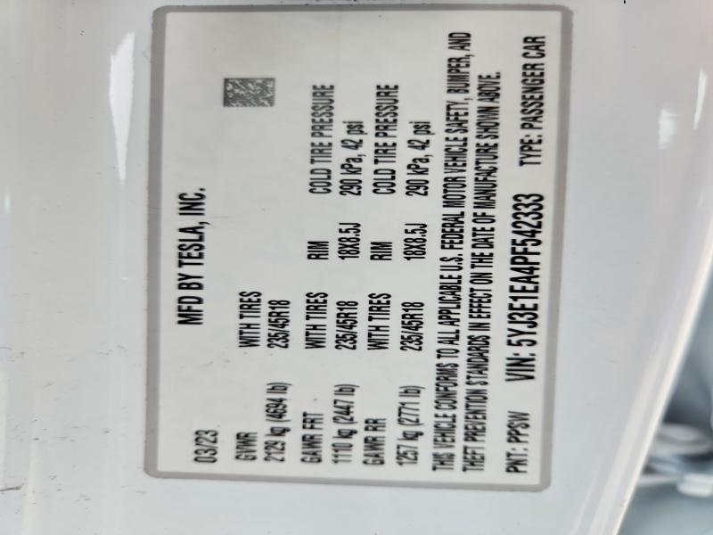 66066716 :رقم المزاد ، 5YJ3E1EA4PF542333 vin ، 2023 Tesla Model 3 مزاد بيع
