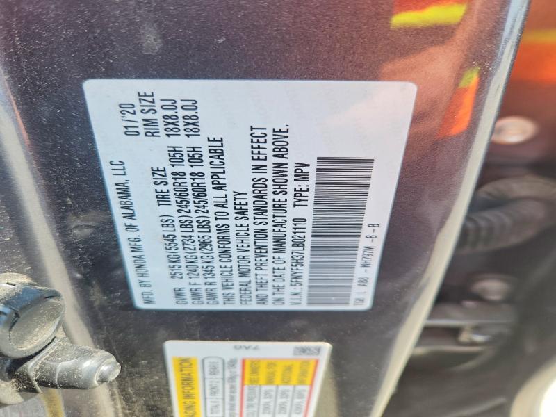 65821906 :رقم المزاد ، 5FNYF5H37LB021110 vin ، 2020 Honda Pilot مزاد بيع
