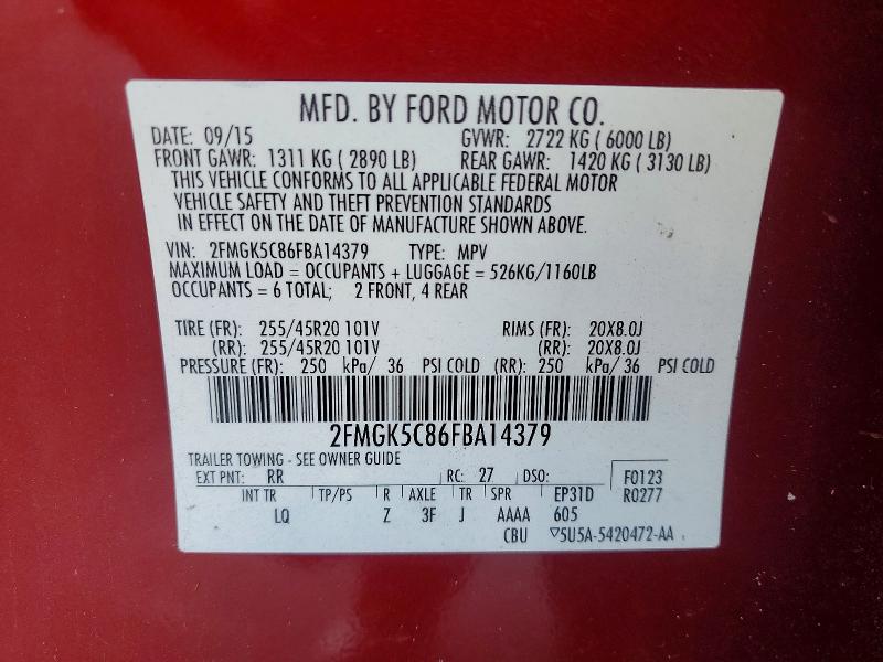 64037856 :رقم المزاد ، 2FMGK5C86FBA14379 vin ، 2015 Ford Flex مزاد بيع