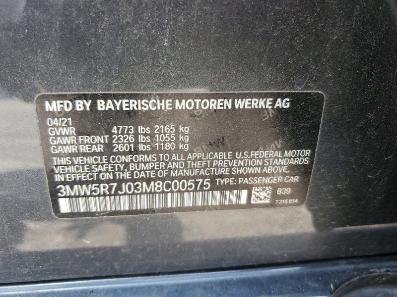 Aukcja sprzedaży 2021 Bmw 330xi, vin: 3MW5R7J03M8C00575, numer aukcji: 62444716