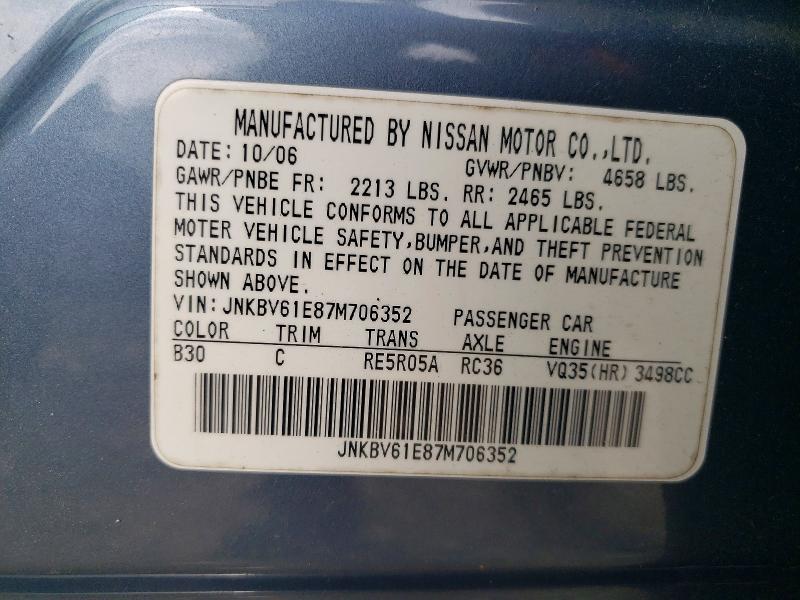 Aukcja sprzedaży 2007 Infiniti G35, vin: JNKBV61E87M706352, numer aukcji: 63633026