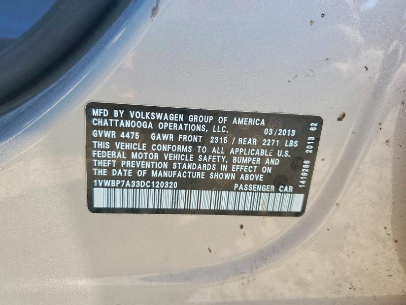 66370936 :رقم المزاد ، 1VWBP7A33DC120320 vin ، 2013 Volkswagen Passat مزاد بيع
