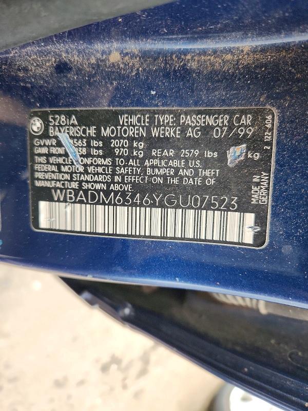 Продаж на аукціоні авто 2000 Bmw 528, vin: WBADM6346YGU07523, номер лоту: 64460556